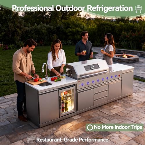 Image of Sink and Fridge Combo for Outdoor Kitchen, 68L Refrigerator and Sink with Pull-Down Faucet, Brushed SS and Granite Countertops, All-in-One BBQ Island Cleaning Station