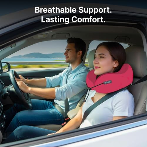 Image of pTron Ergova S4 Travel Neck Pillow, Hi-Per Memory Foam, Lightweight Neck Support Pillow, Ideal for Flight, Car & Travel Comfort, Carry Zip Pouch (Maroon)