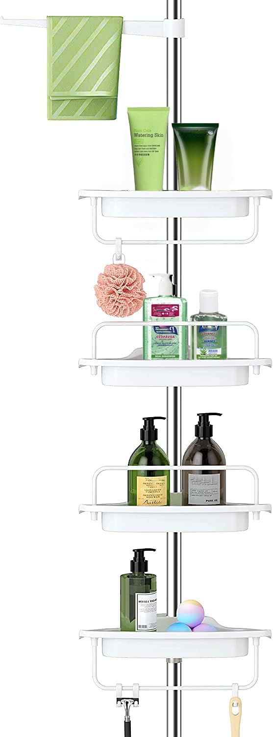 Bathroom Shower Corner Caddy Tension Pole 4 Tier Bathtub Space Saving Storage Rack Organizer with Stainless Steel Towel