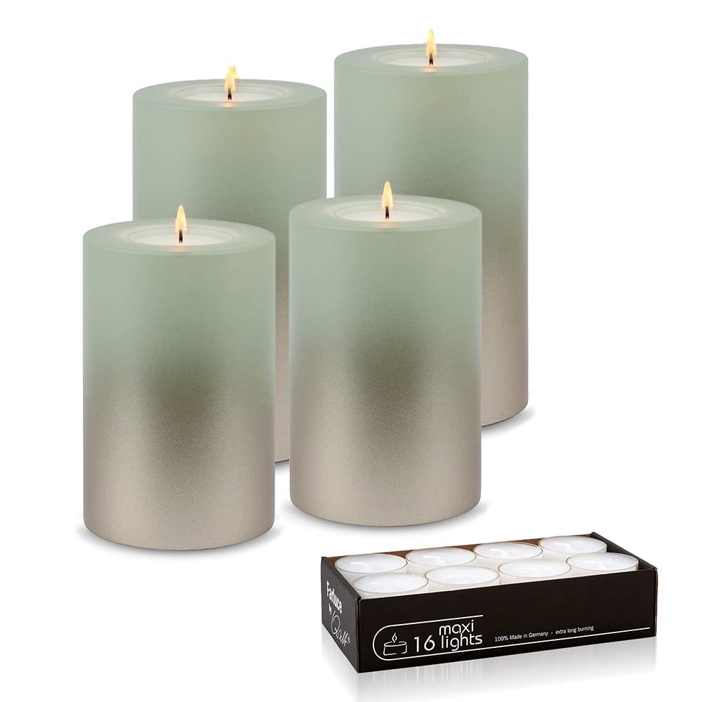 Qult Farluce Trend – świecznik na podgrzewacze w kształcie świecy • LEVI • Christmas Collection • świece adwentowe • świece bożonarodzeniowe • świece (zestaw 4 szt. – 2 x Ø 10 / wys. 15 cm + 2 x Ø 10 / wys. 18 cm, Desert Sage / Cream Gold)