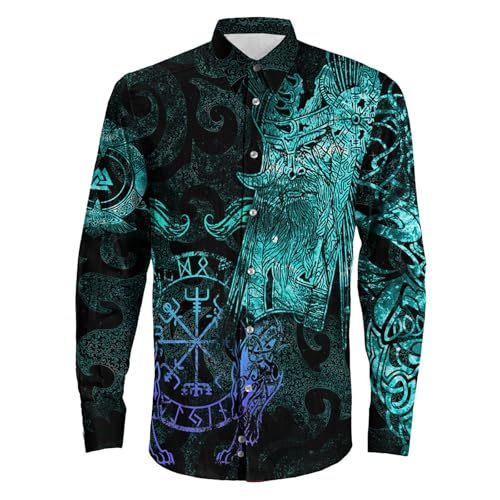Camisa de manga larga para hombre, estilo vikingo con estampado de lobo y runas celtas, camisa de ocio medieval para carnaval, cosplay y fiesta temática, #007-verde menta, 3XL