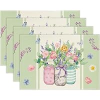 Set Di 4 Tovagliette Americano In Lino Con Fiori Selvatici E Farfalle - 30x45cm, Lavabili, Decorazione Tavola Primaverile