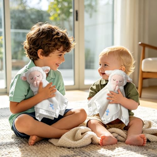 Image of Lamb Baptism Blanket, Lamb Loveys for Baby Boys, Security Blanket with Embroidered Blue Cross, Soft Baby Blanket for Newborns Toddlers, Baptism Gifts for Christening Baby Showers, 12in