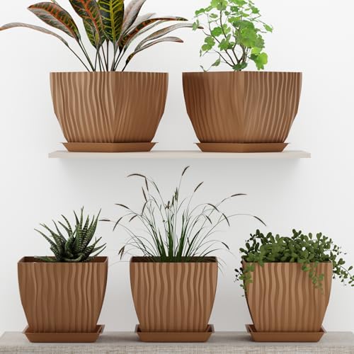 Image of ELUVIA 7-inch Square Planters with Saucers (Set of 5) - Modern Fluted Flower Pots with Drainage Holes and Trays - Premium Plastic Indoor Outdoor Plant Pots for Succulents, Flowers (Wooden)