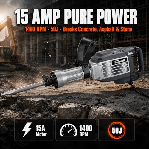 Image of XtremepowerUS 3600W Demolition Jack Hammer Concrete Breaker, 15 Amp Electric Jackhammer, 30mm Hex Shank, 50J Impact Energy, 1400 BPM, AVC System, 360 Side Handle, Flat & Point Chisels Included