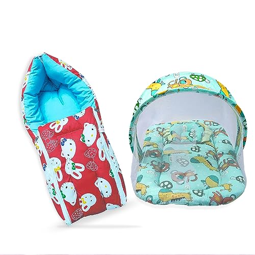 Image of MOM & Son Baby Bedding Set Mattress with Net & Baby Sleeping Bag (0-3 Months) (Red Kitty & Green)