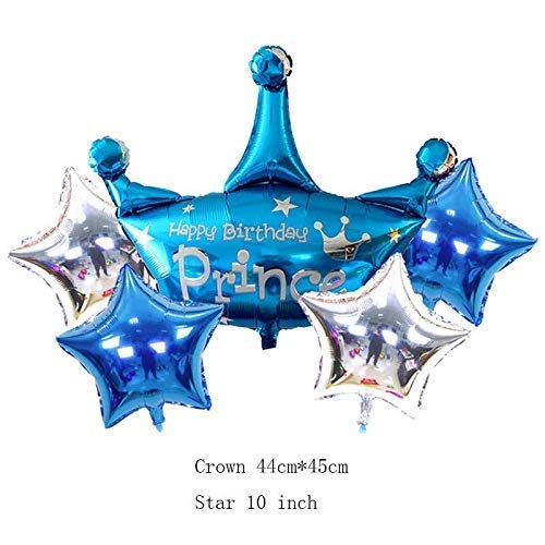 Image of Propsicle 36 inch Large Blue Prince Theme Birthday Decoration for Kids Crown Helium Foil Balloon Birthday Kids Item First Birthday Decoration - Pack of 5