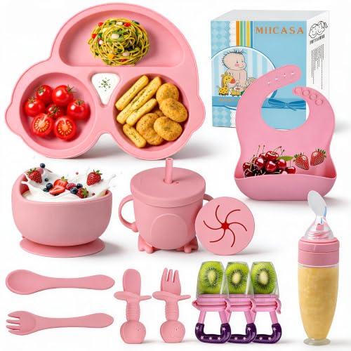 Silicone Baby Feeding Set,Miicasa Baby Led Weaning Supplies Kit With Suction Bowl &amp; Car Plate, Bib, Spoon, Fork, Cup - Food-Grade Silicone, Dishwasher-Safe, No BPAs - For 3+ Months