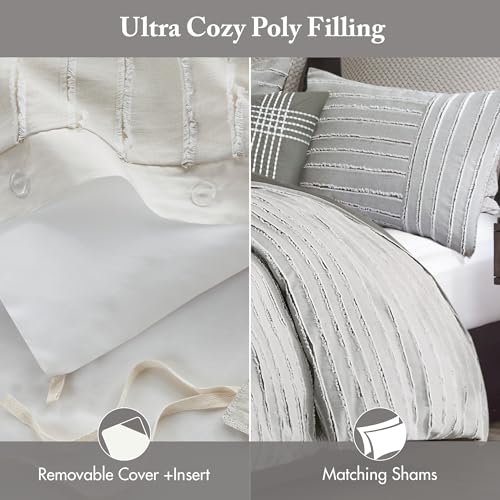 Image of Madison Park Queen Comforter Set, Removable 100% Cotton Duvet Cover Queen Size with Insert, Farmhouse Bedding, Textured Stripe Clipped Jacquard Accent, Queen, Grey 8 Piece