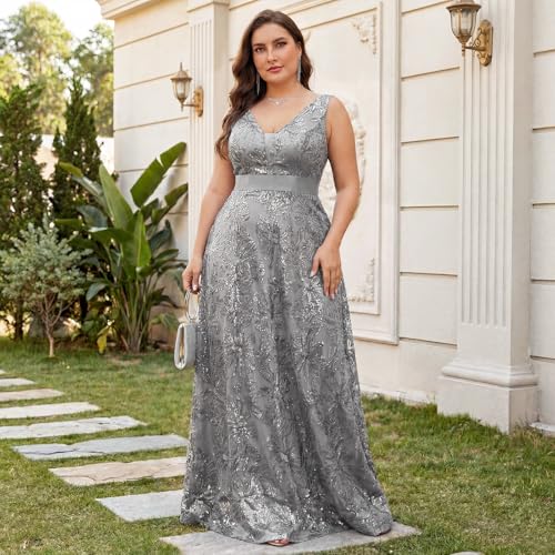 Image of Plus Size Formal Dresses for Women with Embroidery Sequin and V-Neck, A-Line Maxi Dress for Wedding and Cocktail