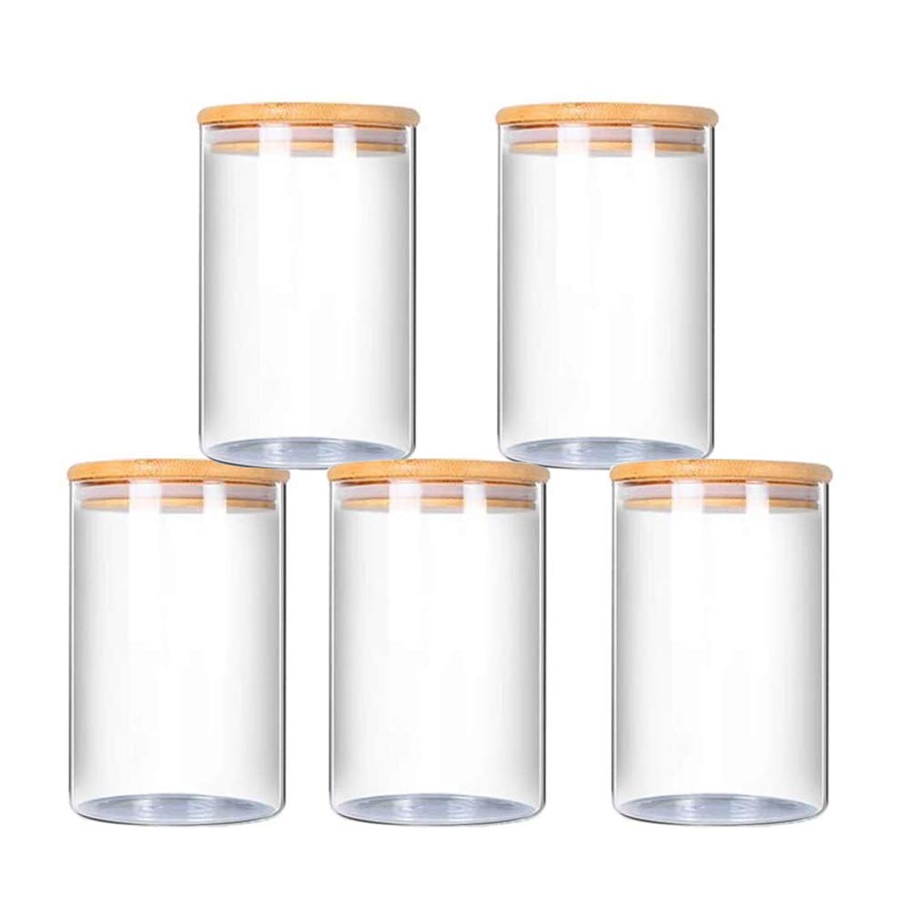 300ml Bocaux Conservation Verre, Lot de 5 Pot de Bocal en Verre avec Couvercle en Bambou et Rondelle en Silicone pour Épices, Haricots, Bonbons