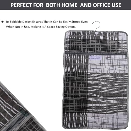 Image of Kuber Industries PVC Lining Design Multi Utility Hanger Organize for Document | 7 Small Pocket with 3 Zipper Hanger File Organize Aadhar | Grey & Black