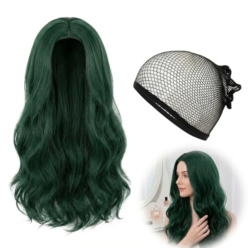 Leogony 27 In Green Wigs for Women Dark Green Wavy Curly Long Hair Wig