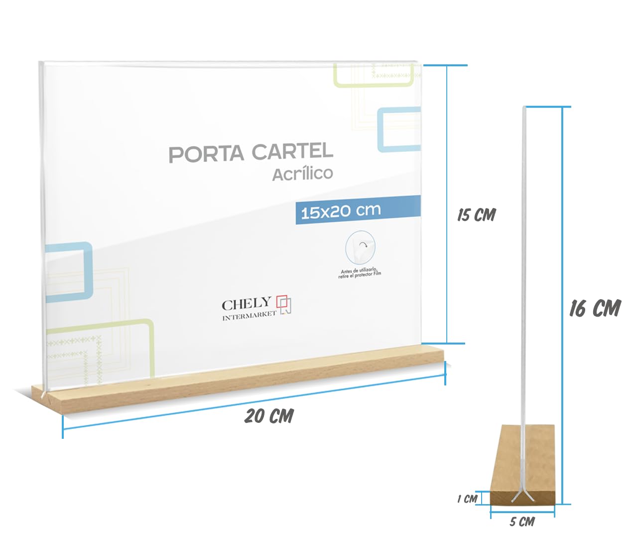CHELY INTERMARKET Porta Cartel A5 15X20 CM Pack 6 Horizontal Base Madera Acrílico Transparente Señalética Tarifa Restaurante Negocio Información Eventos Mostrador Soporte Carteles