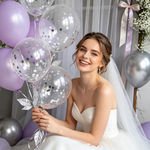 Image of 100pcs Silver Confetti Balloons 12 inch | Clear Latex balloon with Silver Confetti for Balloon Garland Arch Graduation Birthday New Years Party Decorations