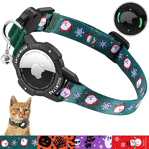 AirTag Cat Collar Breakaway, OUCWLTAG Integrated GPS Cat Collar with Luminous Apple Air Tag Holder, Cat Tracker Collars with Safety Elastic Band for Cats, Kittens and Puppies (Green, 9-13 Inch)
