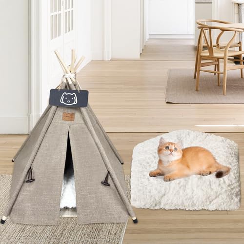 Meowmellow Tipi Zelt für Haustiere Hundezelt Katzenzelt mit Plüschkissen Haustierzelte Häuser für Katzen und Hunde Hundehöhle und Haustierhäuser Wegklappen Haustier Zelt Möbel 60x60x70cm