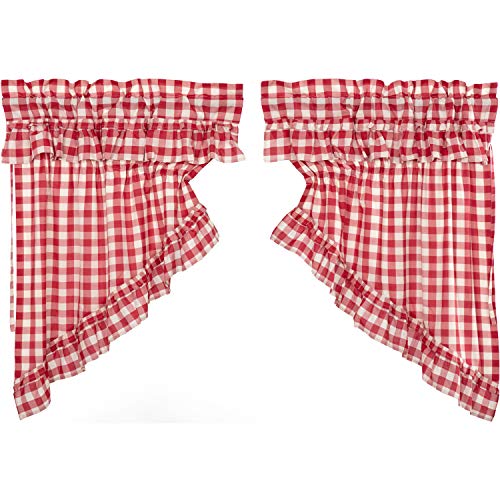 VHC-Brands-Farmhouse-Kitchen-Annie-Rod-Pocket-Cotton-Drawstring-Ties-Ruffling-Buffalo-Check-Curtain-Prairie-Swag-Set-36x36x18-Red VHC Brands Farmhouse Kitchen Annie Rod Pocket Cotton Drawstring Ties Ruffling Buffalo Check Curtain Prairie Swag Set 36x36x18 Red