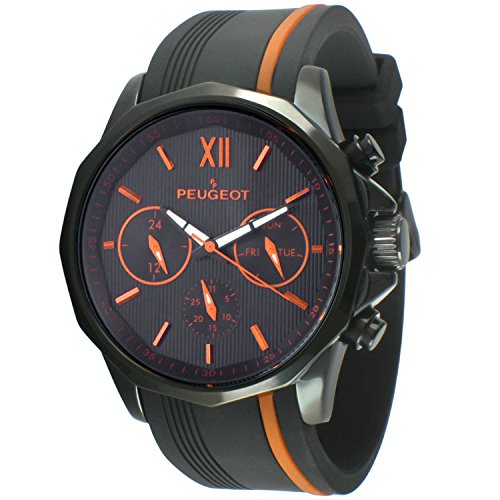 Peugeot Men Big Face Chronograph Sport Watch - Round with Day, Date. 24 Hours Sub Dial Windows & Silicone Strap