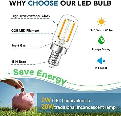 Hcnew E14 2W LED Filament Candelabra Bulbs,T20 Vintage Small Edison Screw(SES) Bulb Tubular Night Light Ultra Warm White 2200K,200lm,20 Watt Equivalent Dimmable Bulb for Fridge, Extractor Fan,2 Pack