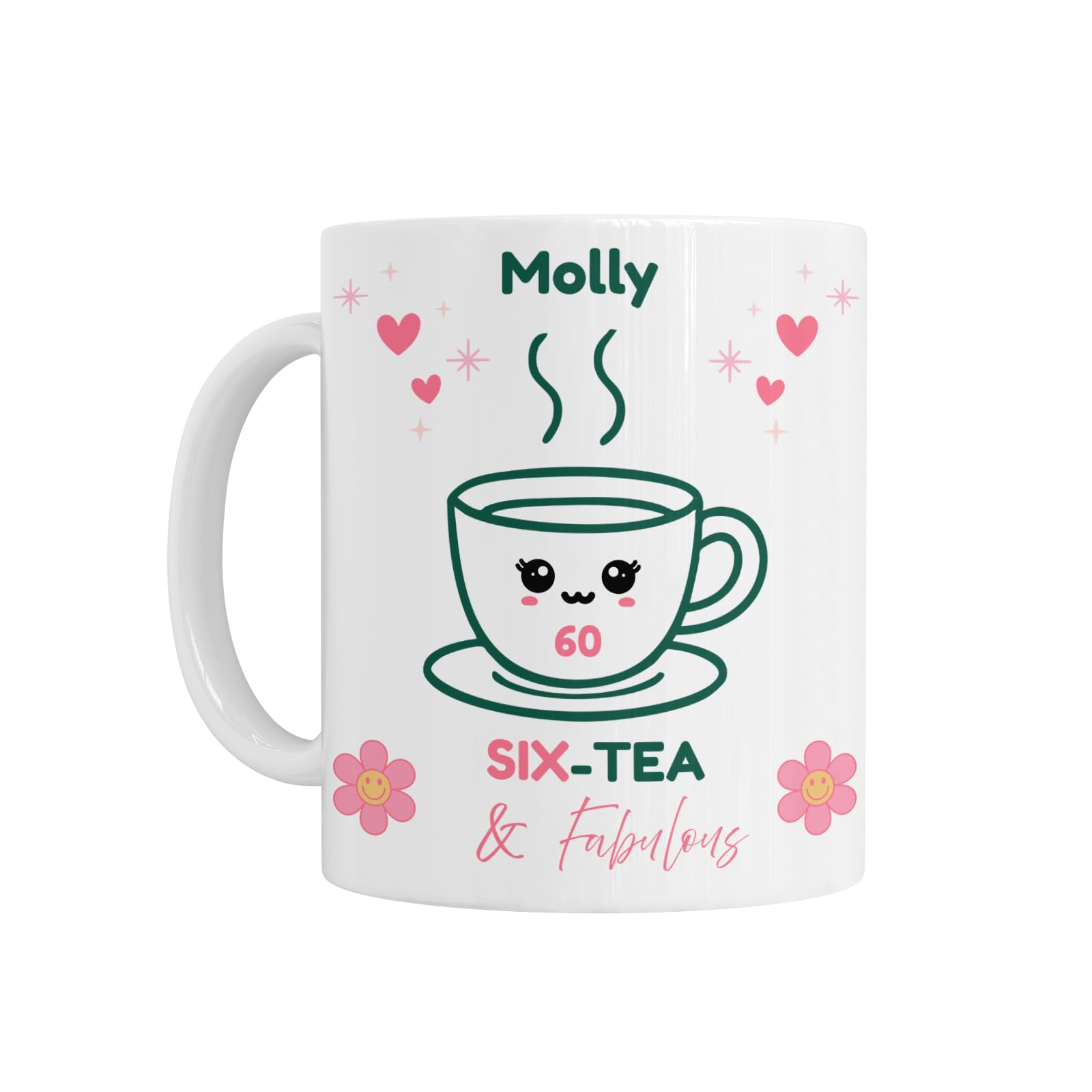 60th Birthday Gift for Her - Personalised 60th Birthday Mug, 'Six-Tea & Fabulous' Design, Age 60, White Ceramic