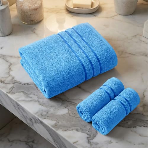 Image of MYTRIDENT Towel Set| Comfort Living | Quick Drying | Travel Friendly | for Men /Women | 3 PC Towel Set | 1 Bath (70 cm x 140 cm) 2 Hand (40 cm x 60 cm) | 100% Cotton 400 GSM - Ocean Blue