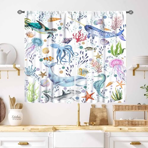 Rideaux Requin Enfants, Dessin Animé Océan Sous-Marin Baleine Tortue Algue Bleu, 2 Panneaux 52X39 Pouces