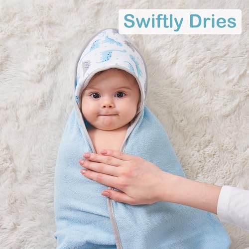 Image of Viviland Baby Towels and Baby Wash Cloths Set Hooded Baby Towels Baby Wipes Absorbent Bath Face Towels Burp Cloths or Face Towels for Girl Boy 6-Pack Size 28 x 28 Inch(Dinosaur)