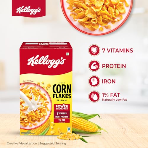 Image of Kellogg's Corn Flakes Original 475g | Power of 5: Energy, Protein, Iron, Calcium, Vitamins B1, B2, B3 & C | Corn Flakes, Breakfast Cereal | Naturally Cholestrol Free