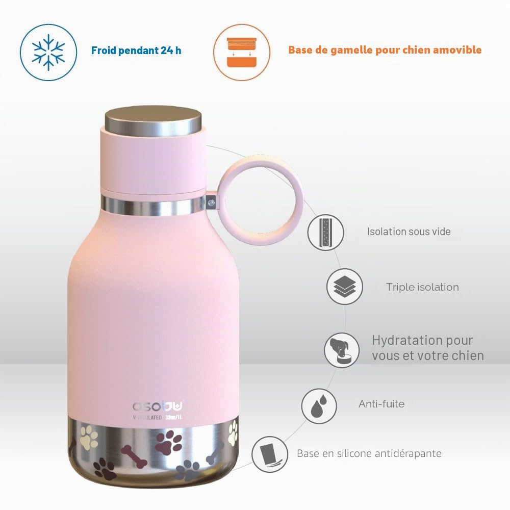 Asobu Chien – Gamelle pour Animal Domestique attachée à Une Bouteille d'eau Isotherme en Acier Inoxydable de 1 Litre, Bouteille d'eau Portable, Robuste, Anti-Fuite, pour l'extérieur, Les Voyages, la