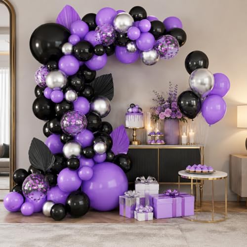 Image of Black Purple Balloons Arch Kit,BTZO Metallic Silver Purple Confetti Balloon for Birthday Wedding Bridal Shower Graduations Party Decorations