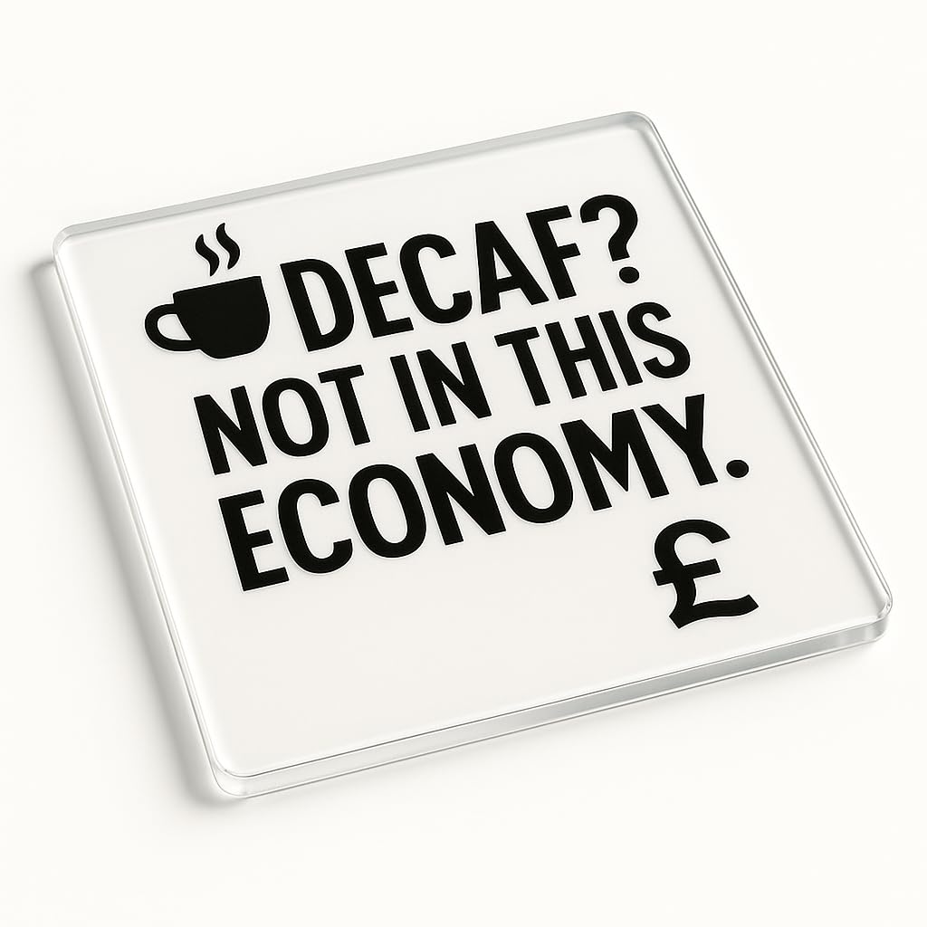 The Plum Penguin Decaf Dilemma Funny Acrylic Coaster Gift - Minimalist Art Deco Design With British Humour For Coffee Lovers