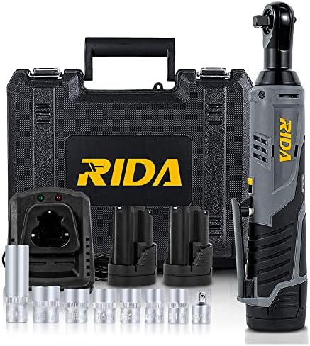 RIDA Cordless Ratchet Wrench Set, 12V Electric Ratchet Wrench Tool Kit 3/8 inch 40Ft-lbs 400 RPM w/2-Pack 2.0Ah Li-Ion Battery and 60-Min Fast Charger, Variable Speed Trigger 8 Sockets LED Light