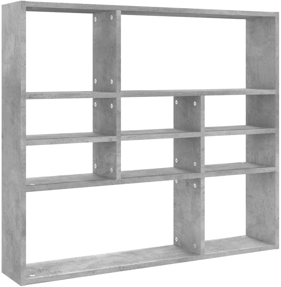 Modern Wall Mounted Floating Shelf, 10-Compartment Concrete Grey Engineered Wood Storage Organizer for Bedroom and Living Room Display