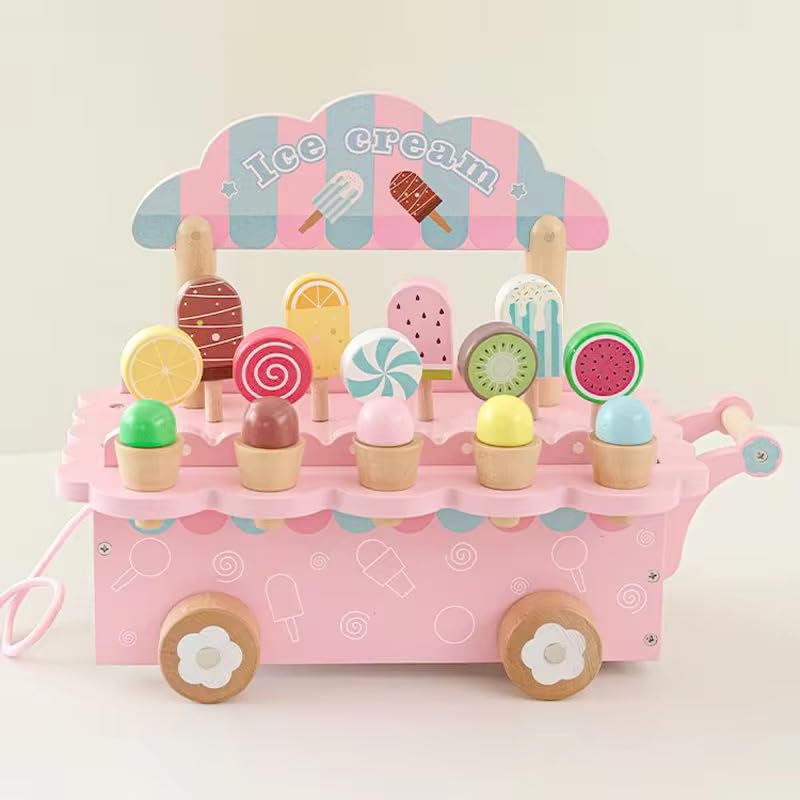 Image of Pink Wooden All in One Ice Cream Cart | Montessori Activity Toy for Kids | Pretend Play Ice Cream Set | Early Learning Educational Toy | Multicolor | 3+ Years