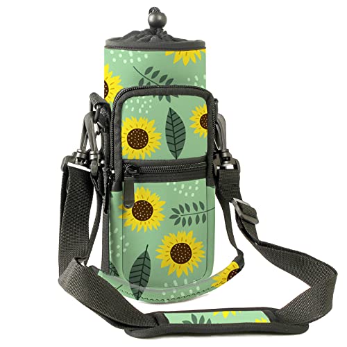 AMARY Water Bottle Carrier Holder Bag 25oz/40oz, Adjustable Shoulder & Hand Strap and Pocket,Sports Water Bottle Accessories for Walking Camping Travel work (Sun Flowers, 25 OZ)
