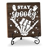 ハロウィン装飾木製サインギフト、Stay Spooky Blockギフト、5x5インチの木製サインは鉄製スタンド付き、ホームオフィス、農家、ハロウィンパーティーの装飾に最適、1-C03