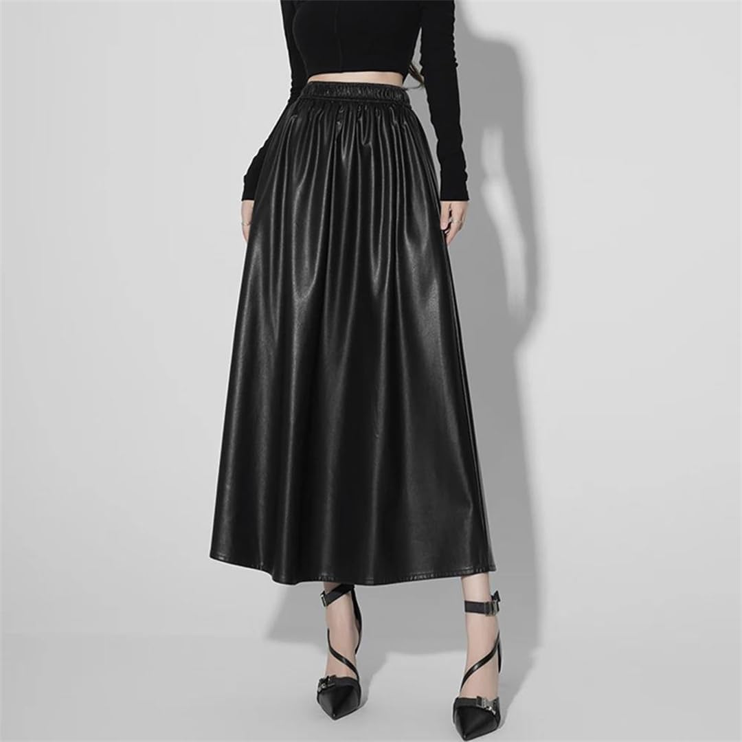 Wjnvfioo Faldas largas de cuero sintético de una línea de moda para mujer, otoño, invierno, cintura alta, elástica, acampanada, plisada, casual, faldas
