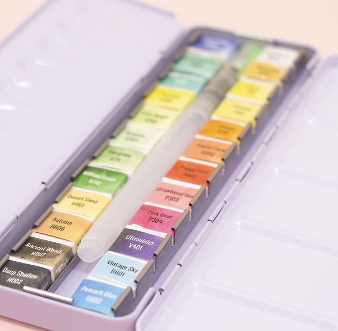 Craftelier - Caja de Pastillas de Acuarelas con Surtido de 24 Colores + Pincel con Depósito de Agua o Waterbrush para Caligrafía, Lettering o Mixed Media y otras Manualidades | Alta Pigmentación