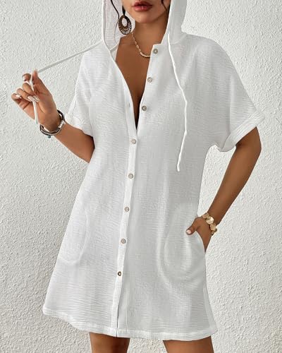 Bsubseach Womens Swimsuit Cover Up Shirt Button Down Short Sleeve Bathingsuit Coverups Hooded Beach Coverup With Pockets2