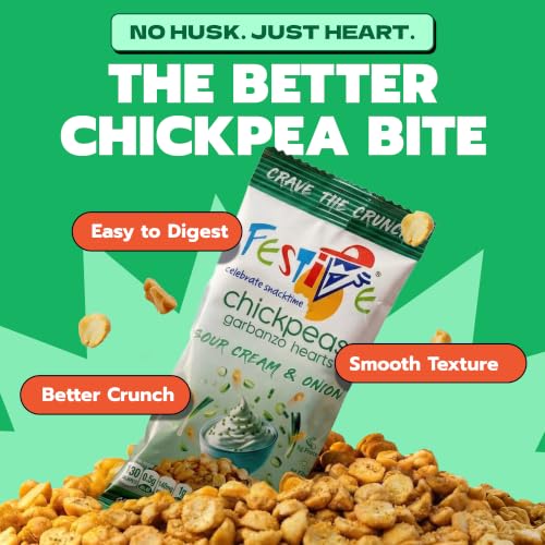 Image of Festive Chickpea Hearts - Crunchy Sour Cream & Onion Garbanzo Beans - Husk-Free Roasted Chickpea Snacks - Vegan Snacks with 5g Protein Per Serving Halal, Gluten Free, Dairy Free - 1oz 12 Pack