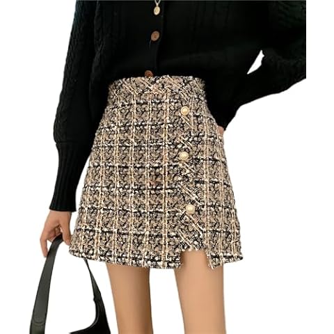 SLQPFK Women Tweed Mini Skirts Elegant Plaid A-line High Waist Bodycon Pencil Wrap Short Skirts Cover