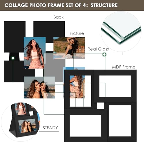 Image of DUENPY 3.5x5 Photo Frame Tempered Glass For 4 3.5x5 Photos Black | Sturdy Tempered Glass Offers Clear View, Flexible Display Methods to Preserve Your Tiny Precious Memories