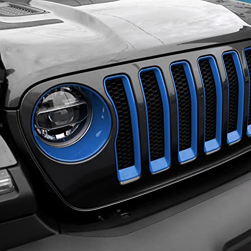 Image of CheroCar for JL Mesh Grille Grill Insert & Headlight Turn Light Cover Trim Exterior Accessories for Jeep Wrangler JL 2018-2023, Blue