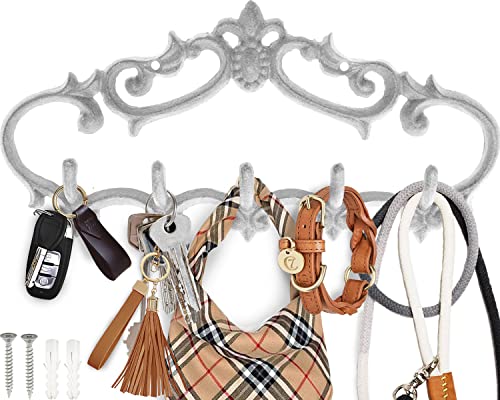 Comfify Cast Iron Wall Mounted Hanger Vintage Design with 5 Hooks Keys Towels Coats etc Wall Mounted Metal Heavy Duty Rustic Vintage Decorative Gift Idea 126×59 Rustic White