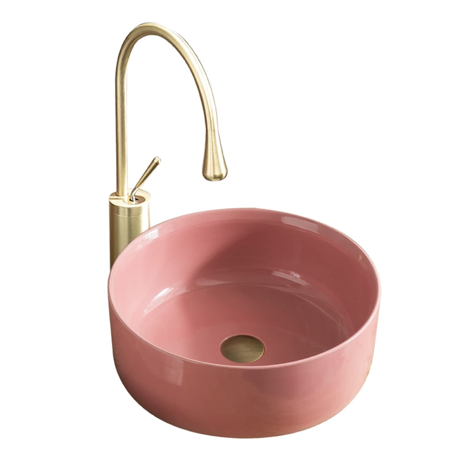 HPTHLY Bathroom Sink 15.7 Inch Round Porcelain Sink Artistic Pink Overmount Bathroom Vanity Basin With Pop Up Drain Home Bathroom Sink Vessel Sinks