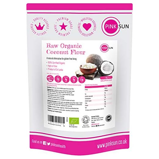 PINK SUN Farina di Cocco Bio 1kg Biologico Crudo Senza Glutine per la Cottura al Forno 100% di Puro Adatto a Vegani e Vegetariani Bene per Dolci Non OGM Raw Organic Coconut Flour 1000g Bulk