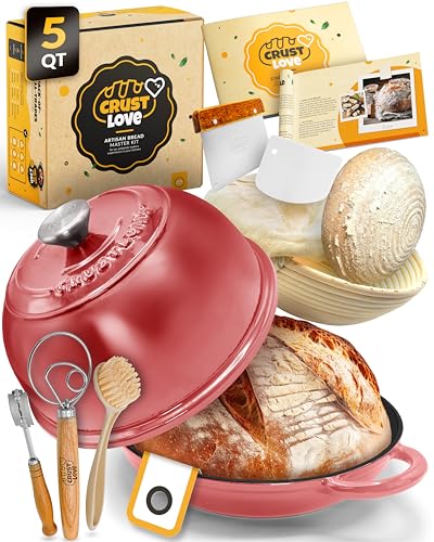 CRUSTLOVE Dutch Oven Bread Baking - 5QT Enamel Bread-Oven - incl Sourdough Bread-Baking Suppliers like Dough Whisk Scoring Lame etc Bread-Dome Cast Iron Bread-Pan with Lid for Sour dough, Bread-making