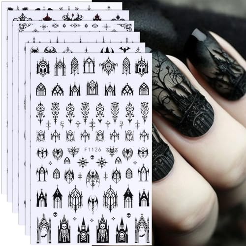 Halloween Nail Art Stickers Decals 3D Gothic Nail Stickers 6PCS Black Skulls Bat Gothic Architecture Design Self-Adhesive Nail Decals Y2K Manicure Accessories for Women Holiday Nail Art Decorations