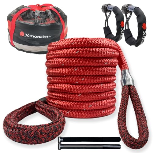 X MONSTER Kinetic Recovery Tow Rope 7/8'' x 30' (MBS 29,000 lbs) with Reflective Tape and 2 Soft Shackles (33,000lbs) Offroad Recovery Kit red